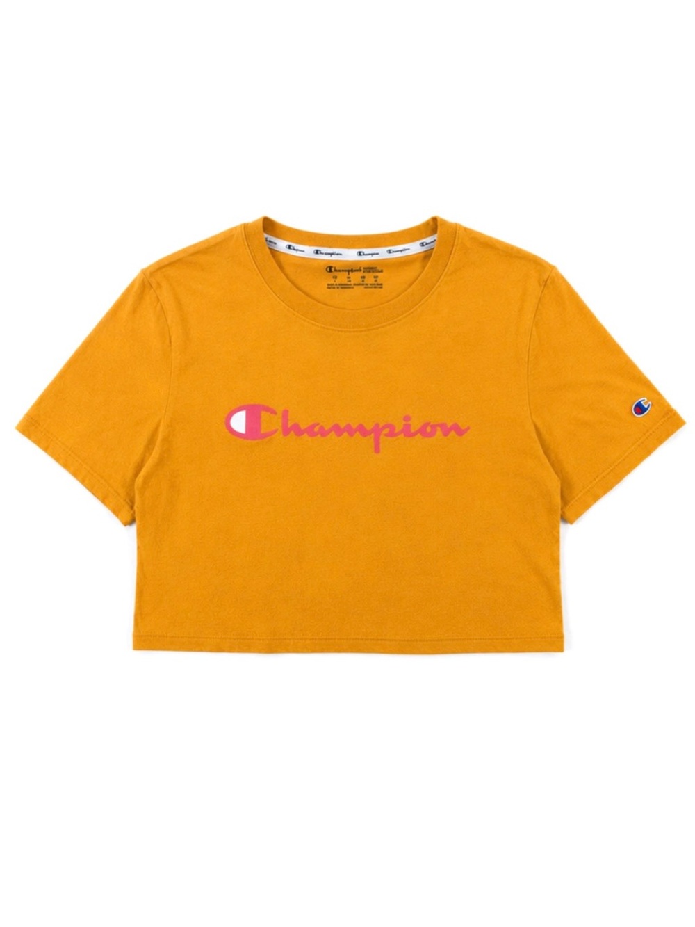 Champion Women’s Crop Top Size Large Mustard Yellow Pink Logo Tee